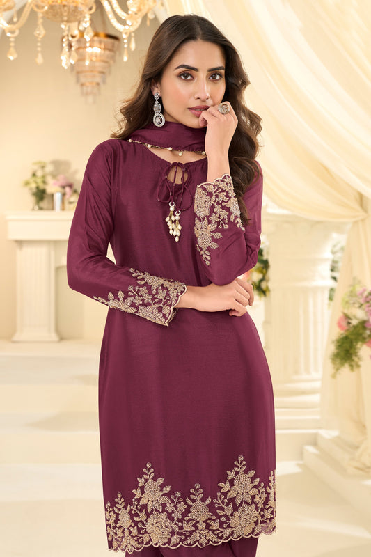 Wine Readymade Bead Work Chinon Silk Suit-SAR12197_2_SareeButa.com