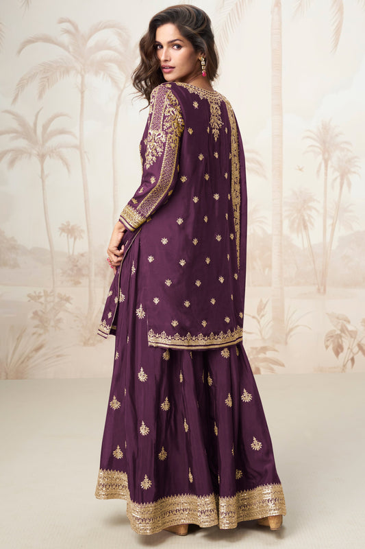 Wine Readymade Embroidered Chinon Silk Suit-SS374_2_SareeButa.com