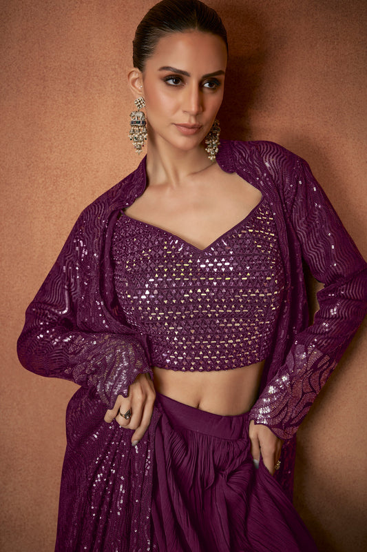 Wine Readymade Georgette Skirt Set With Shrug-SAR12148_2_SareeButa.com