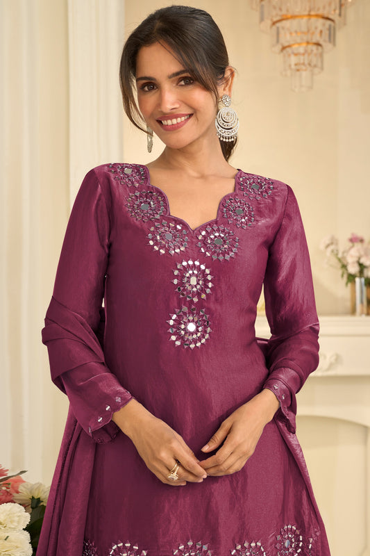 Wine Readymade Mirror Work Silk A-line Suit-SAR12164_2_SareeButa.com