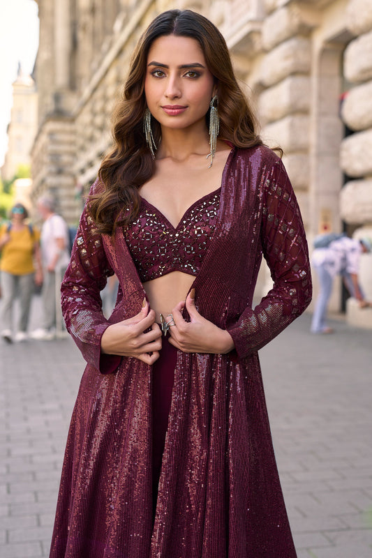 Wine Readymade Sequined Georgette Palazzo Set-SAR10513_2_SareeButa.com
