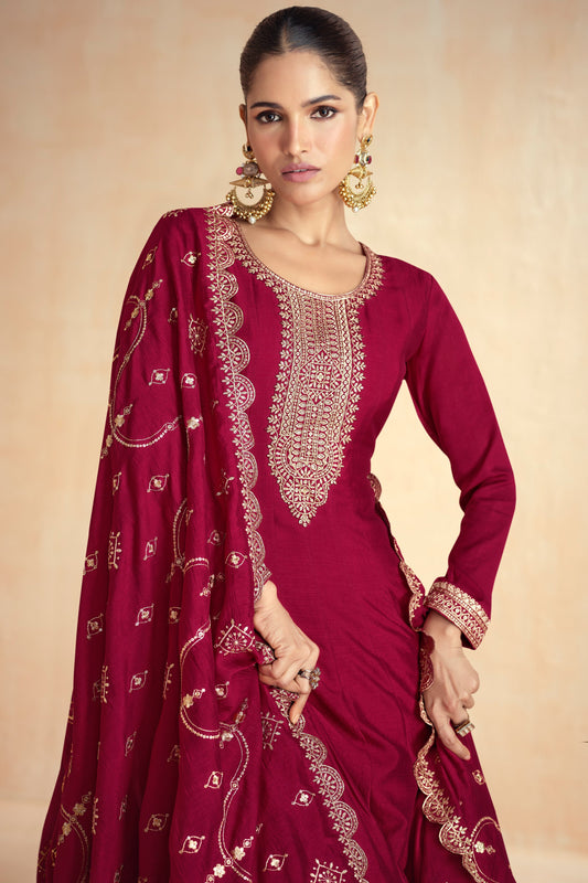 Wine Readymade Silk Gown with Dupatta-SS577_2_SareeButa.com