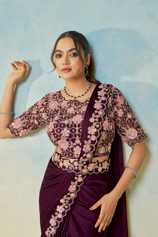 Wine Satin Silk Readymade Saree-SAR11138_2_SareeButa.com