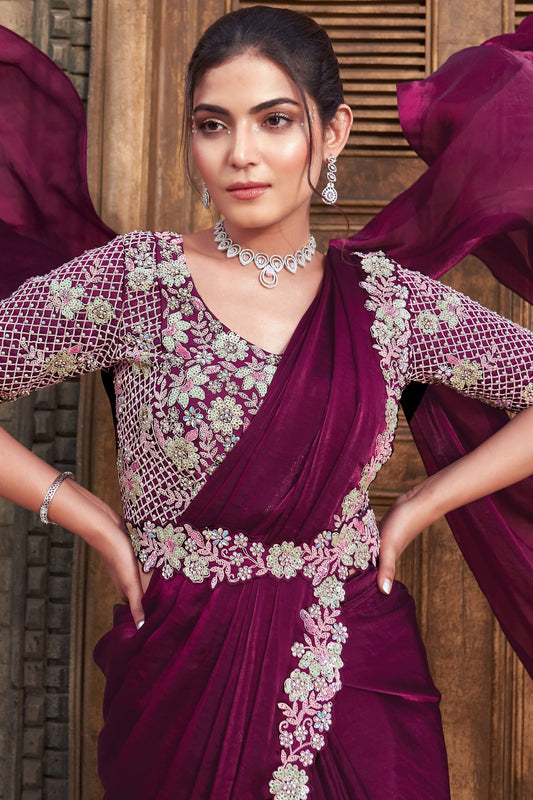 Wine Satin Silk Readymade Saree with Stitched Blouse-ZB134305_2_SareeButa.com