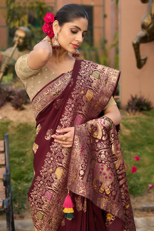 Wine Silk Saree with Meenakari Weave-ZB134483_2_SareeButa.com
