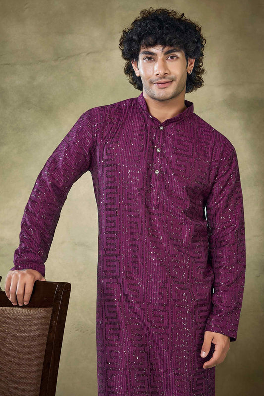 Wine Viscose Sequin Kurta Pajama-MW40_2_SareeButa.com