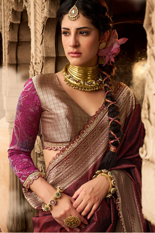 Wine Woven Silk Saree With Lace Border-ZB134624_2_SareeButa.com