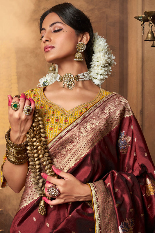 Wine Woven Silk Saree With Lace Border-ZB134633_2_SareeButa.com