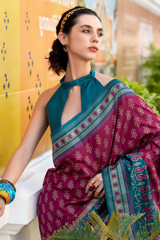 Wine Woven Soft Ikat Silk Saree-SAR10028_2_SareeButa.com