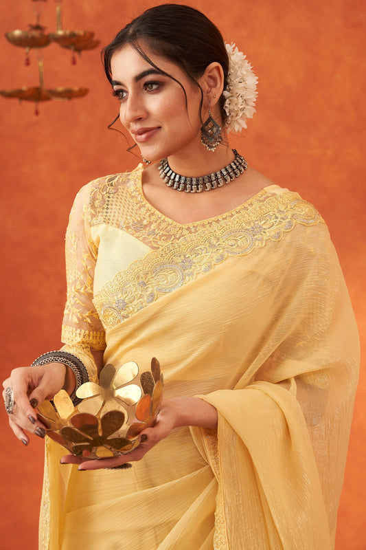 Yellow Embroidered Chiffon Saree-ZB133035_2_SareeButa.com