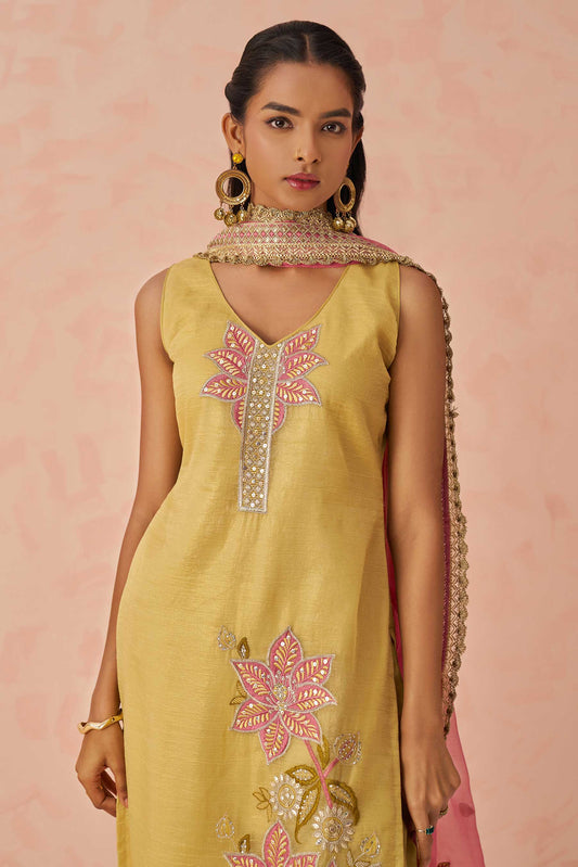 Yellow Readymade Embroidered Crush Silk Suit-SS449_2_SareeButa.com