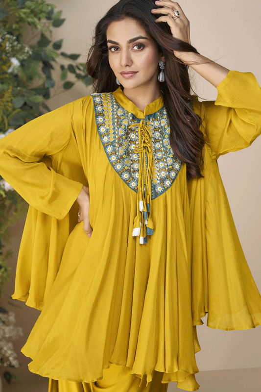 Yellow Readymade Chinon Silk Poncho Set-SS772_2_SareeButa.com