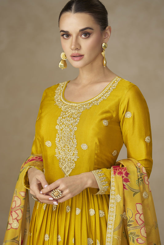 Yellow Readymade Embroidered Chinon Gown With Dupatta-SS834_2_SareeButa.com