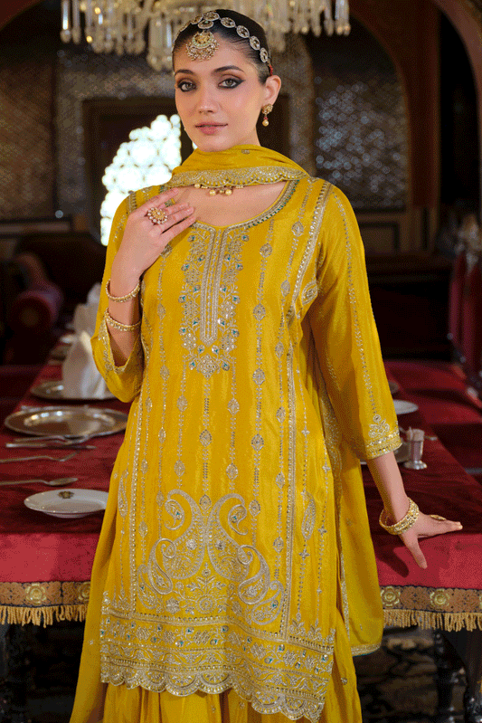 Yellow Readymade Embroidered Chinon Palazzo Suit-SS822_2_SareeButa.com