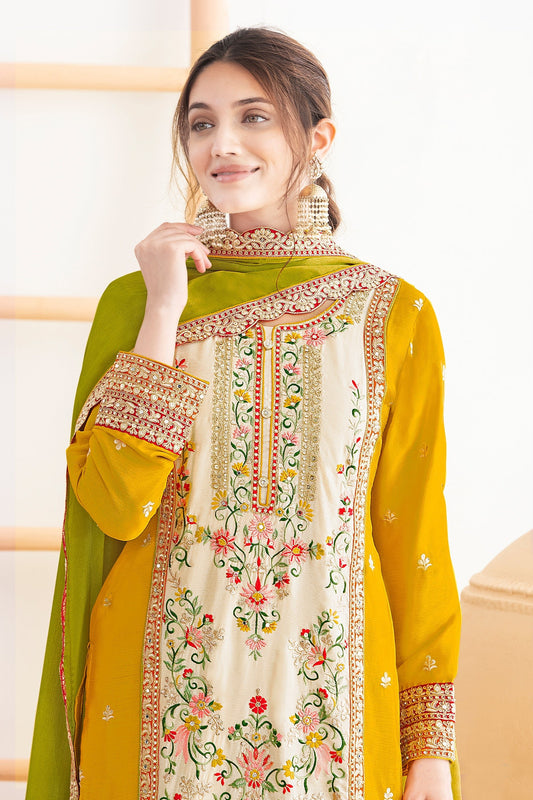 Yellow And Green Readymade Embroidered Chinon Suit-SAR11108_2_SareeButa.com