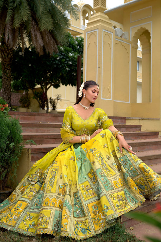 Yellow And Green Unstitched Embroidered Silk Lehenga-SAR11035_2_SareeButa.com