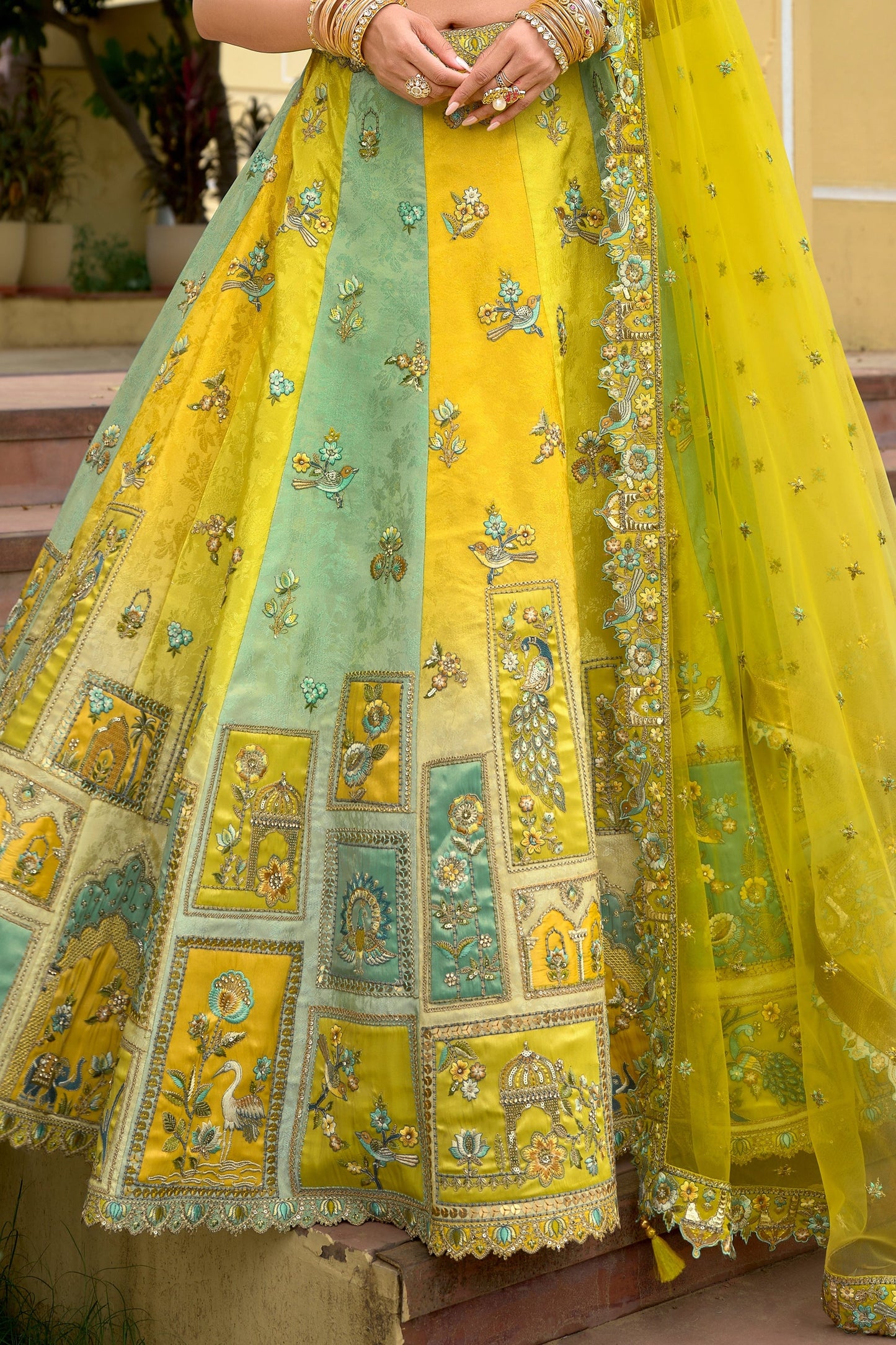 Yellow And Green Unstitched Embroidered Silk Lehenga-SAR11035_4_SareeButa.com