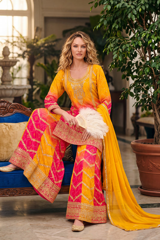 Yellow And Red Readymade Embroidered Chinon Suit-SAR12809_2_SareeButa.com