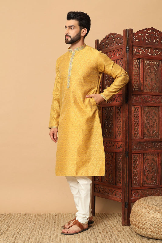 Yellow Embroidered Jacquard Kurta Pajama-MW2_2_SareeButa.com