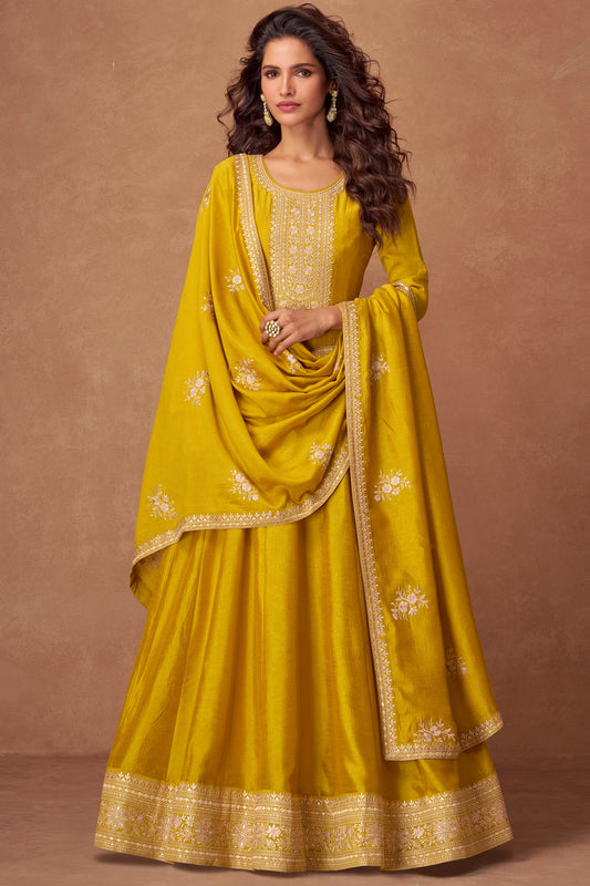 Yellow Embroidered Silk Gown with Dupatta-SS470_2_SareeButa.com