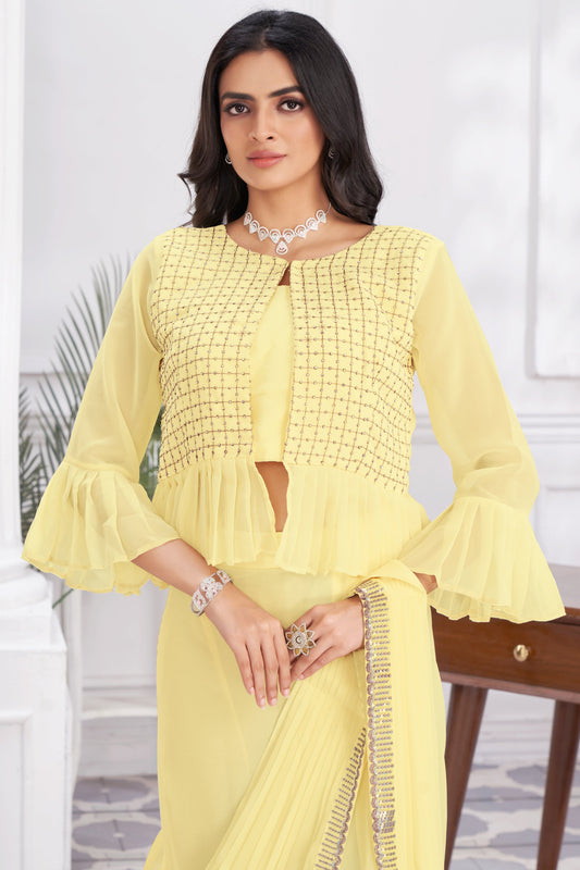 Yellow Georgette Readymade Saree With Stitched Blouse-ZB133678_2_SareeButa.com