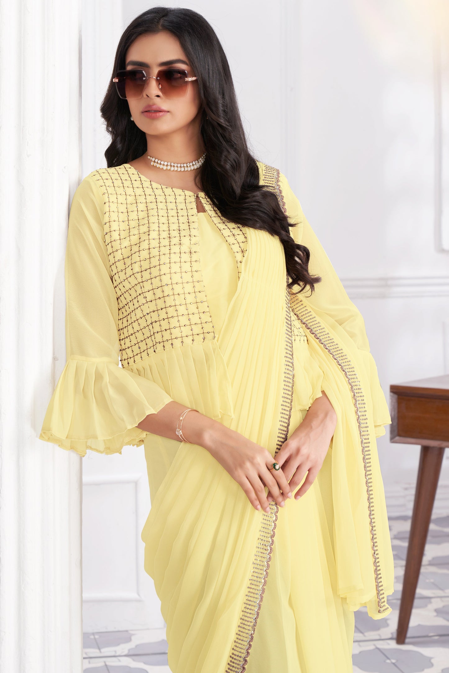 Yellow Georgette Readymade Saree With Stitched Blouse-ZB133678_4_SareeButa.com