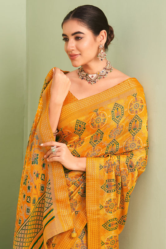 Yellow Georgette Saree with Brasso Print-ZB133930_2_SareeButa.com