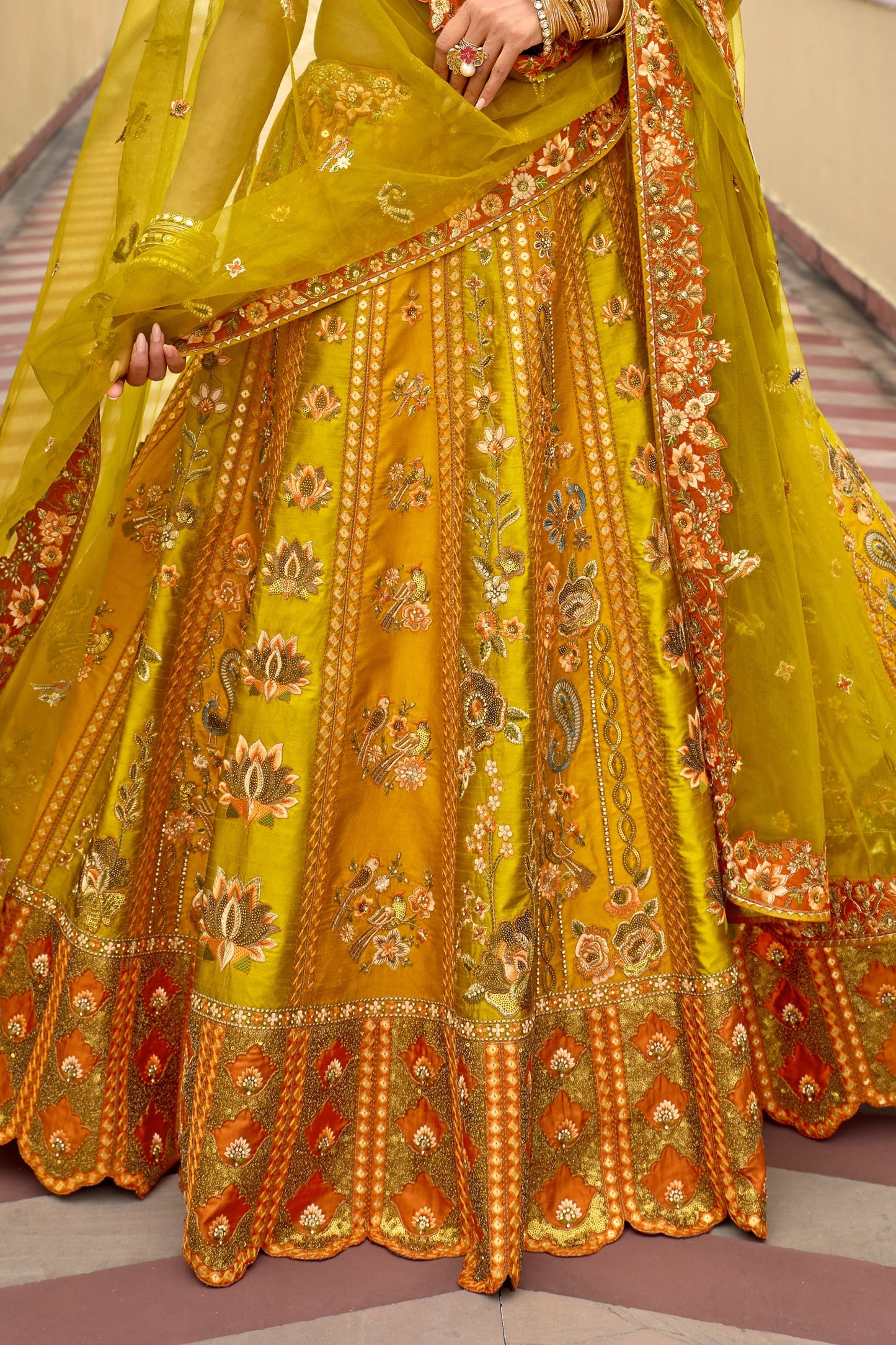 Yellow Green Unstitched Embroidered Silk Lehenga-SAR11031_4_SareeButa.com