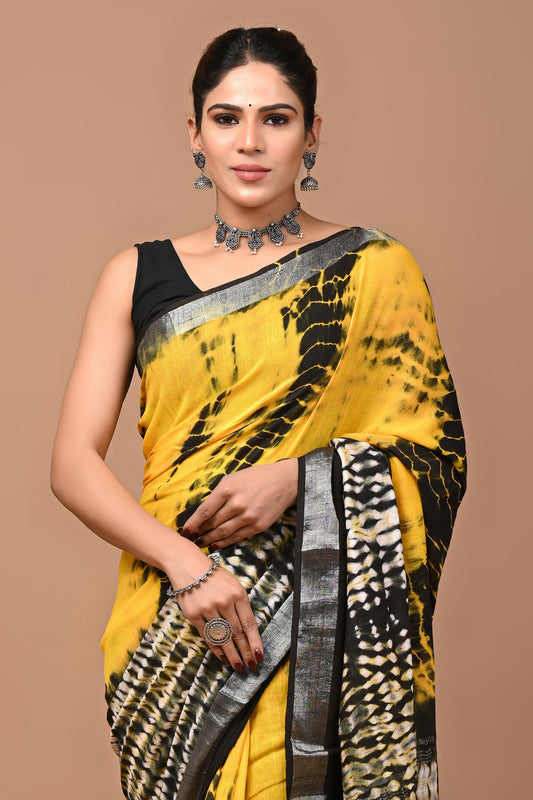 yellow-handblock-print-cotton-linen-saree-zb132579_2_SareeButa.com