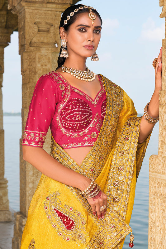 Yellow Heavy Work Banarasi Saree With Readymade Blouse-ZB133460_2_SareeButa.com
