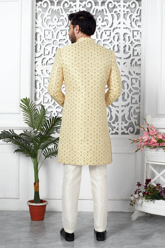 Yellow Jacquard Silk Kurta Pajama-SAR11417_2_SareeButa.com
