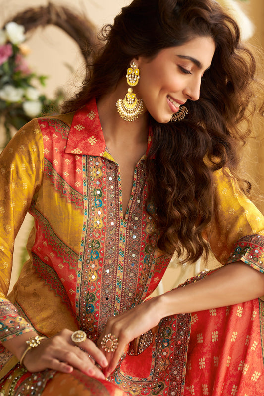 Yellow Orange Readymade Crepe Silk Co-Ord Set-SS787_2_SareeButa.com