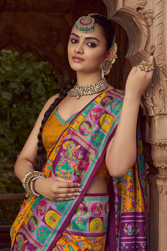 Yellow Pashmina Printed Viscose Silk Saree-SAR10401_2_SareeButa.com