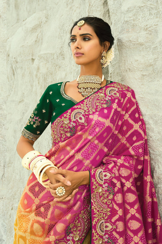 Yellow & Pink Georgette Bandhani Saree-SAR10301_2_SareeButa.com