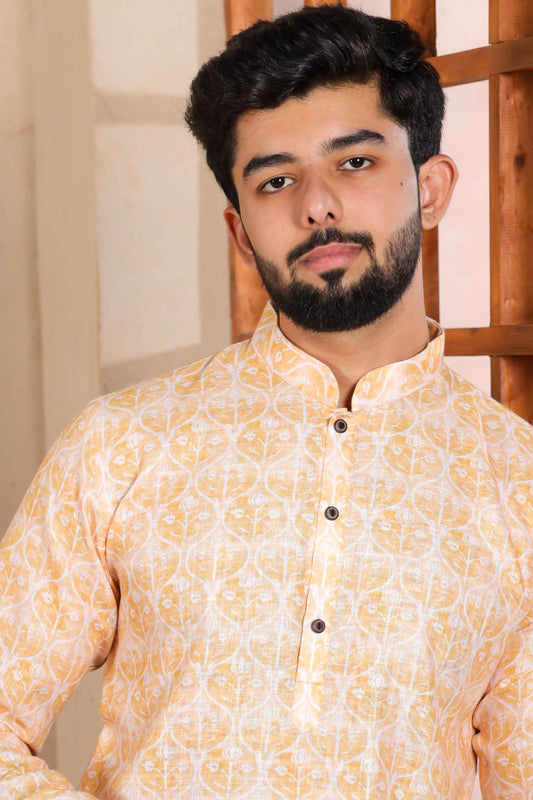 Yellow Printed Linen Kurta Pajama-MW78_2_SareeButa.com