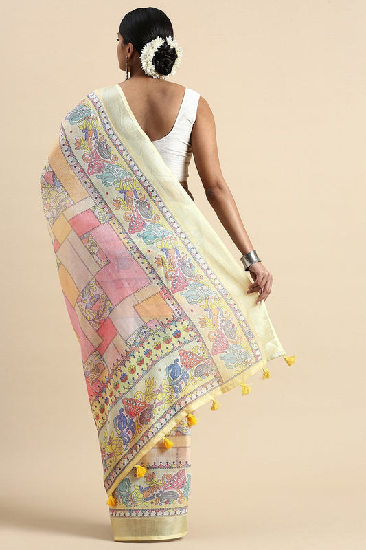 yellow-printed-linen-saree-zb132679_2_SareeButa.com