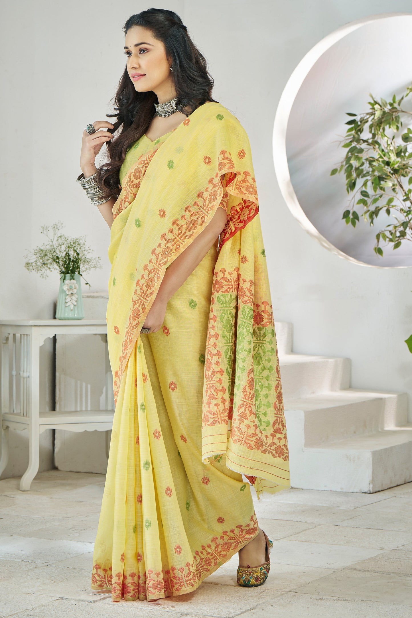 Yellow Printed Linen Silk Saree-ZB134716_4_SareeButa.com