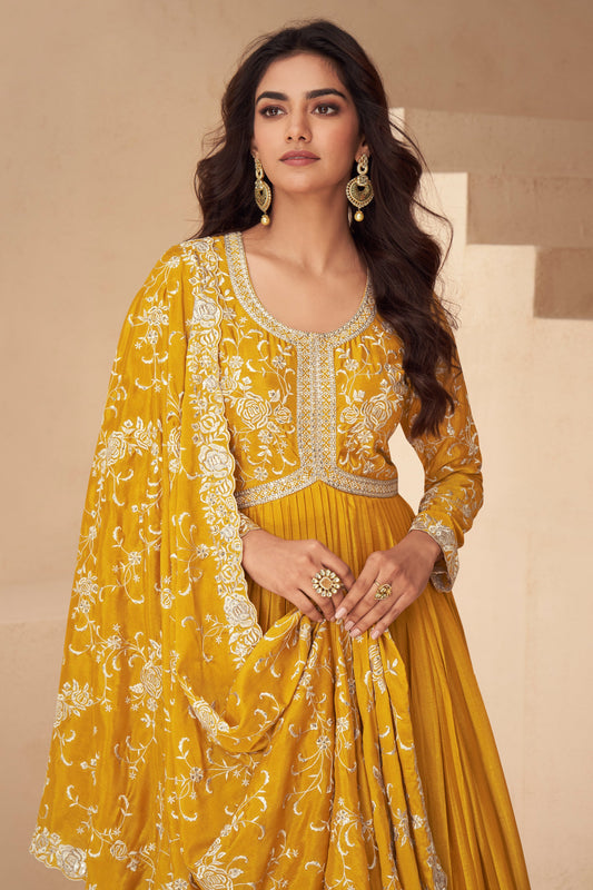 Yellow Readymade Chinon Silk Gown with Dupatta-SS596_2_SareeButa.com