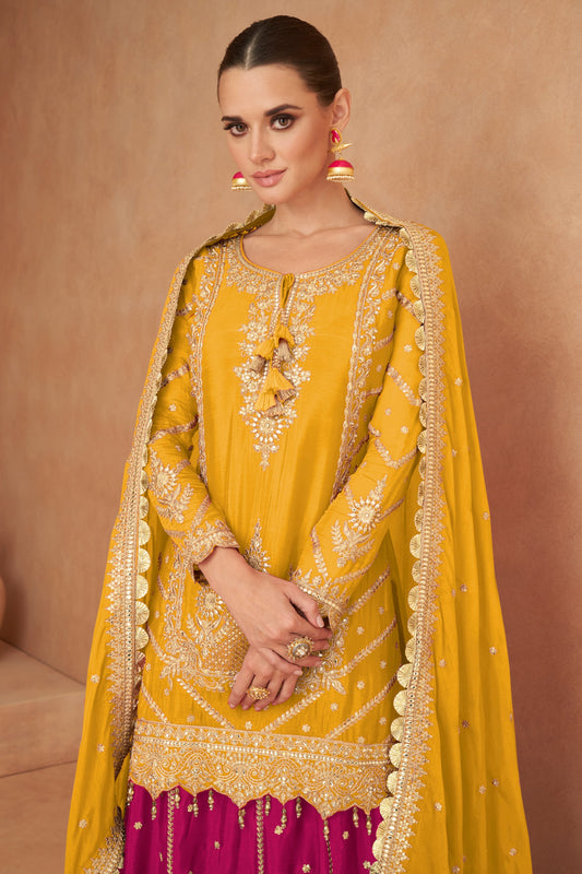 Yellow Readymade Chinon Skirt Suit with Mirror Embroidery -SS509_2_SareeButa.com