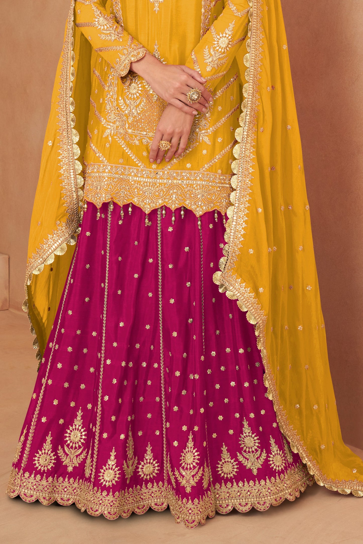 Yellow Readymade Chinon Skirt Suit with Mirror Embroidery -SS509_3_SareeButa.com