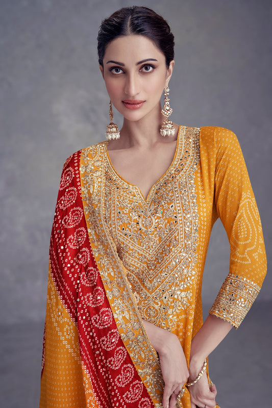 Yellow Readymade Chinon Suit With Bandhej Print-SS528_2_SareeButa.com
