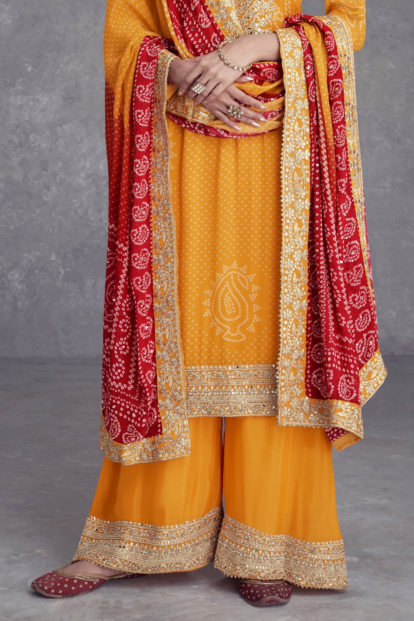 Yellow Readymade Chinon Suit With Bandhej Print-SS528_6_SareeButa.com