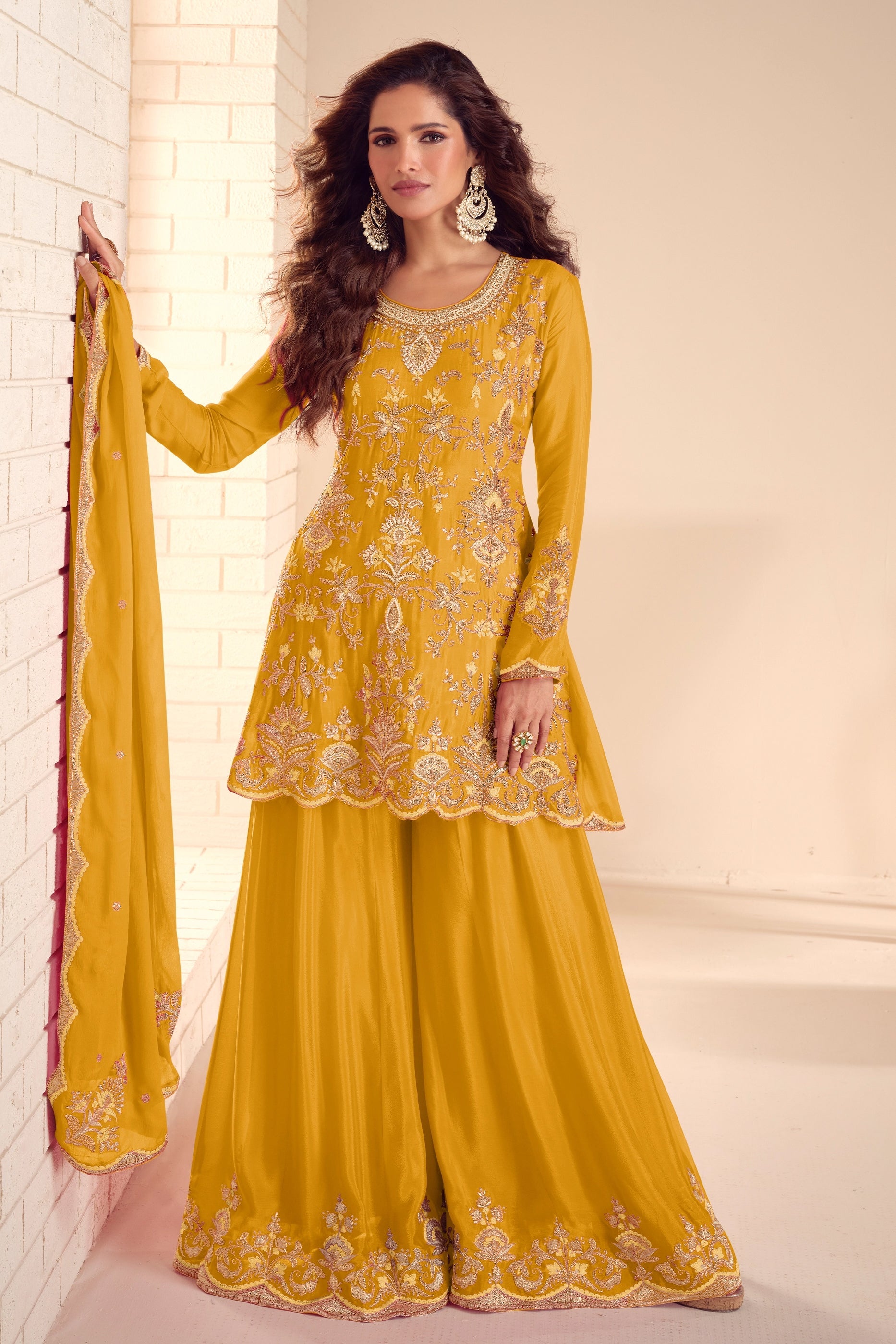 Shop for Yellow Readymade Embroidered Chinon A-Line Suit Online