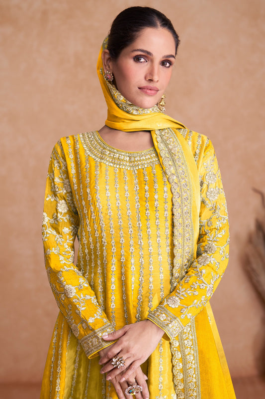 Yellow Readymade Embroidered Chinon A-line Suit-SAR10798_2_SareeButa.com
