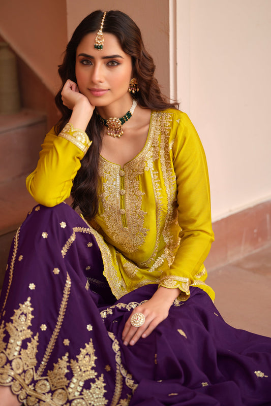 Yellow Readymade Embroidered Chinon Silk Palazzo Suit-SAR11490_2_SareeButa.com