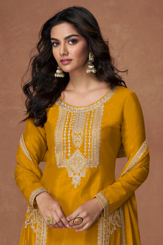 Yellow Readymade Embroidered Chinon Silk Palazzo Suit-SS367_2_SareeButa.com