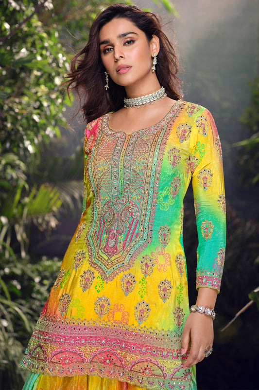 Yellow Embroidered Chinon Silk Readymade Palazzo Suit-SS420_2_SareeButa.com