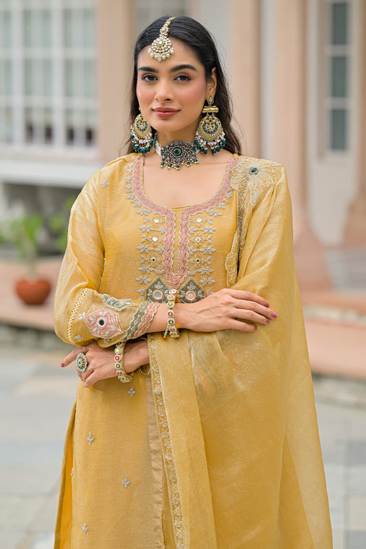 Yellow Readymade Embroidered Crush Satin Suit-SAR13229_2_SareeButa.com