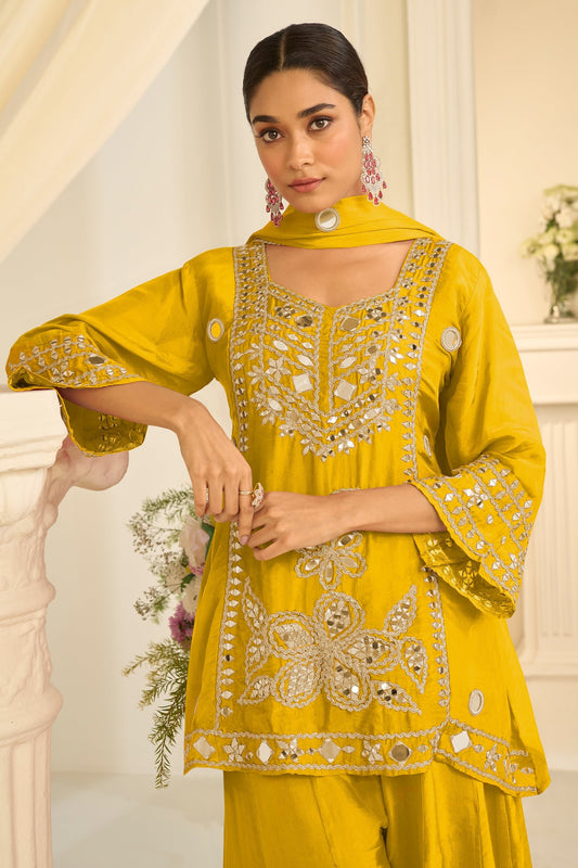 Yellow Readymade Mirror Work Chinon A-line Suit-SAR12156_2_SareeButa.com