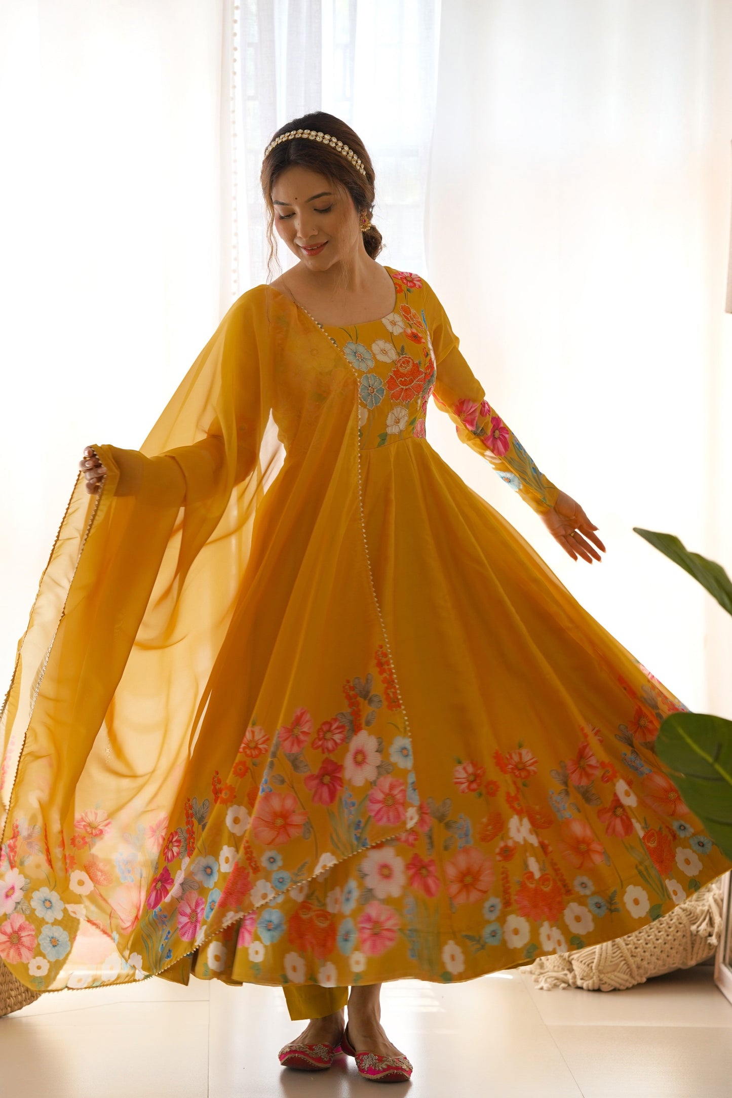 Yellow Readymade Printed Organza Anarkali Suit-SS489_5_SareeButa.com
